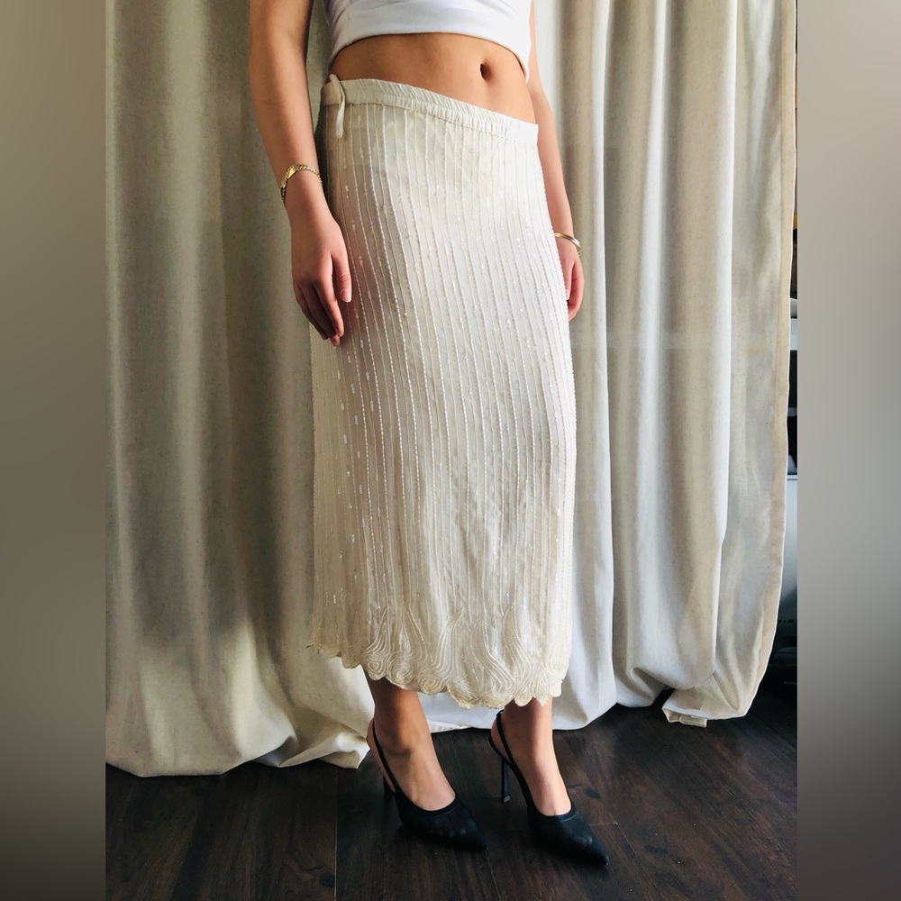 %100 Silk Cream Beaded Sheer Maxi Skirt